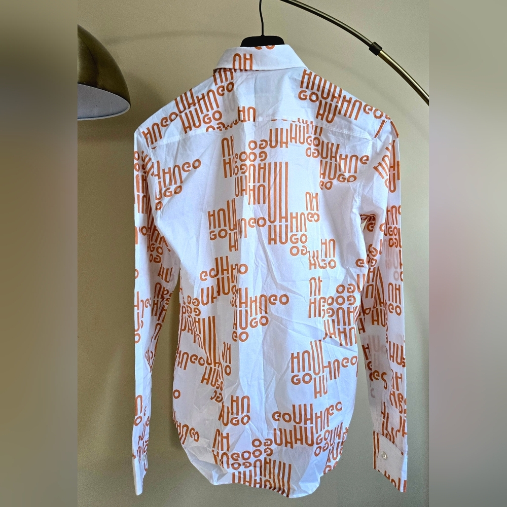 NWT HUGO BOSS Printed Slim-Fit White and Orange Patterned Shirt In Cotton Size:S - Picture 2 of 10
